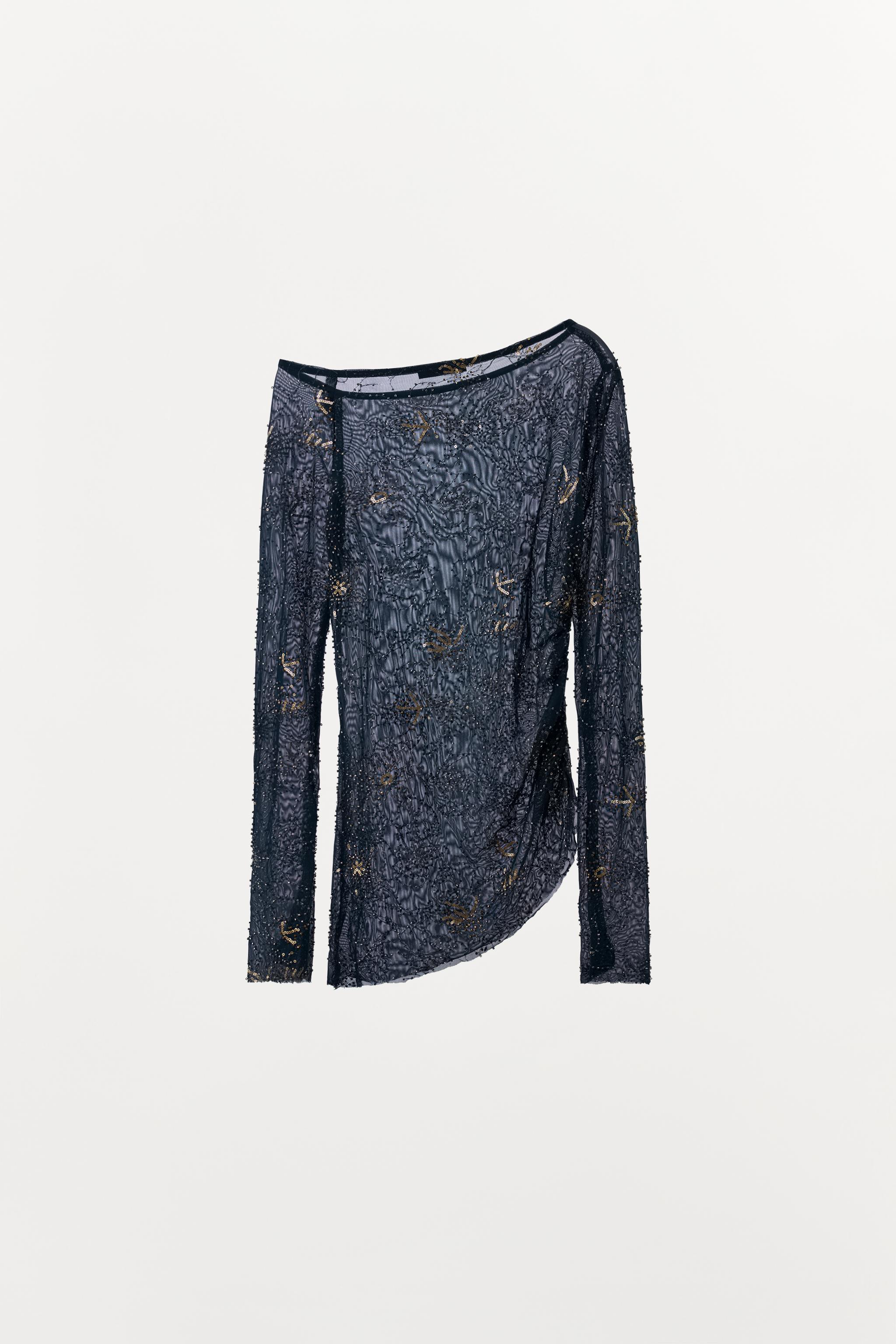 TOP EN TUL DRAPÉ BRODÉ AVEC FANTAISIE